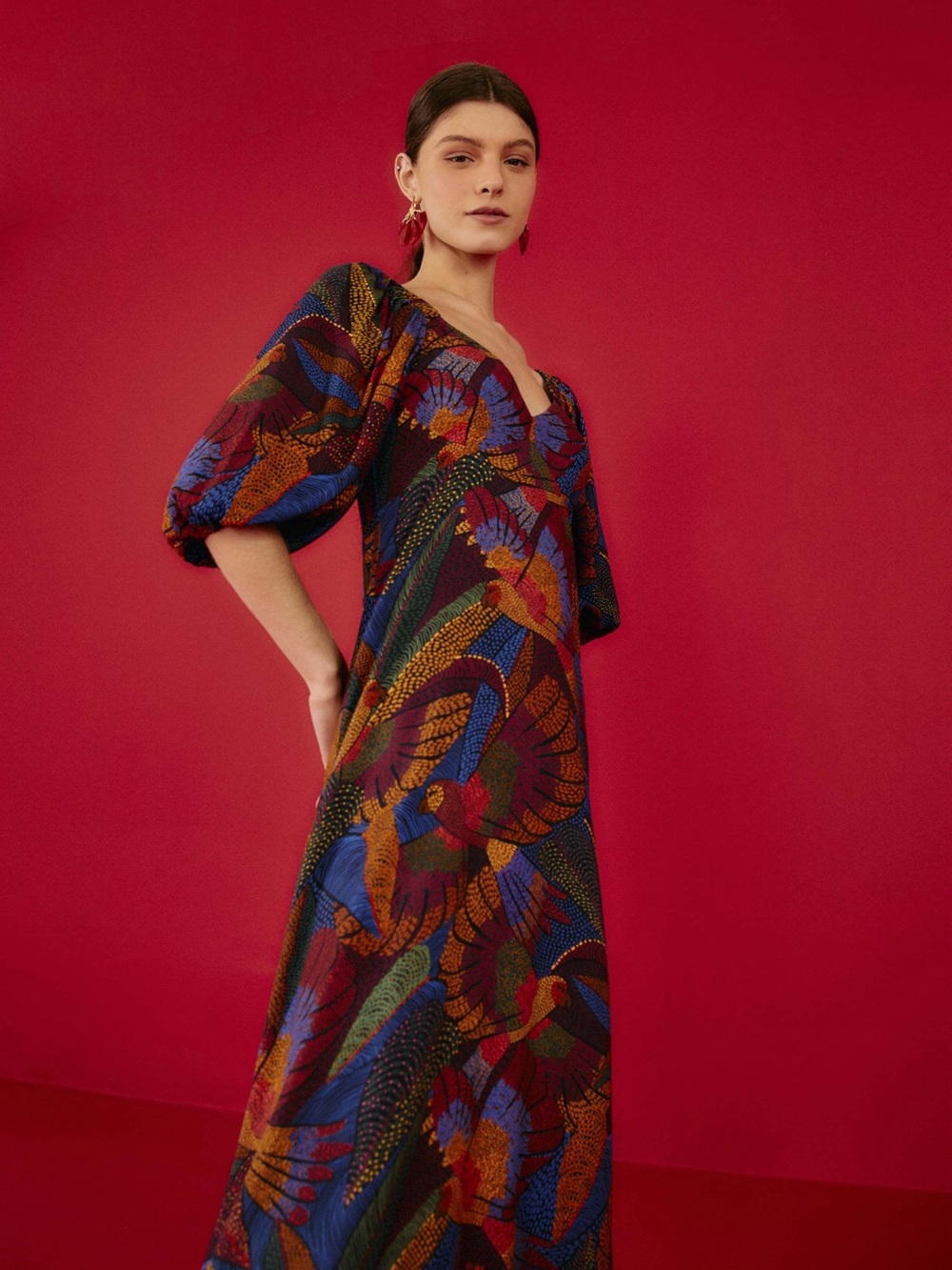 FARM Rio Bold Tropical-Print Maxi Dress in Blue, Red, Green